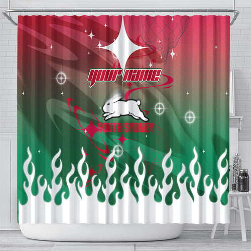 Personalized South Sydney Rabbitohs Shower Curtain Y2K Grunge Aesthetic With Cyber Flames and Starburst Graphics