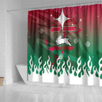 Personalized South Sydney Rabbitohs Shower Curtain Y2K Grunge Aesthetic With Cyber Flames and Starburst Graphics