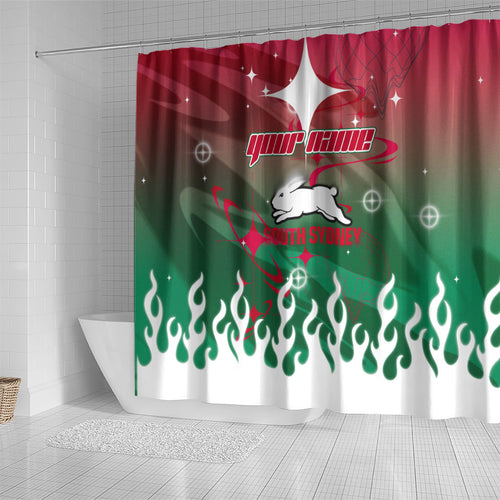 Personalized South Sydney Rabbitohs Shower Curtain Y2K Grunge Aesthetic With Cyber Flames and Starburst Graphics