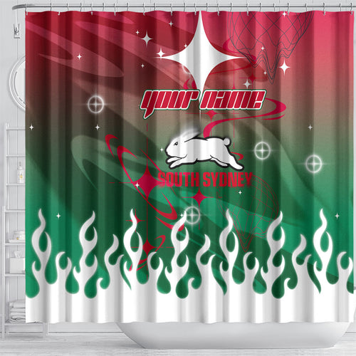 Personalized South Sydney Rabbitohs Shower Curtain Y2K Grunge Aesthetic With Cyber Flames and Starburst Graphics