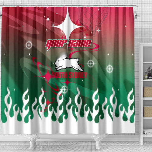 Personalized South Sydney Rabbitohs Shower Curtain Y2K Grunge Aesthetic With Cyber Flames and Starburst Graphics