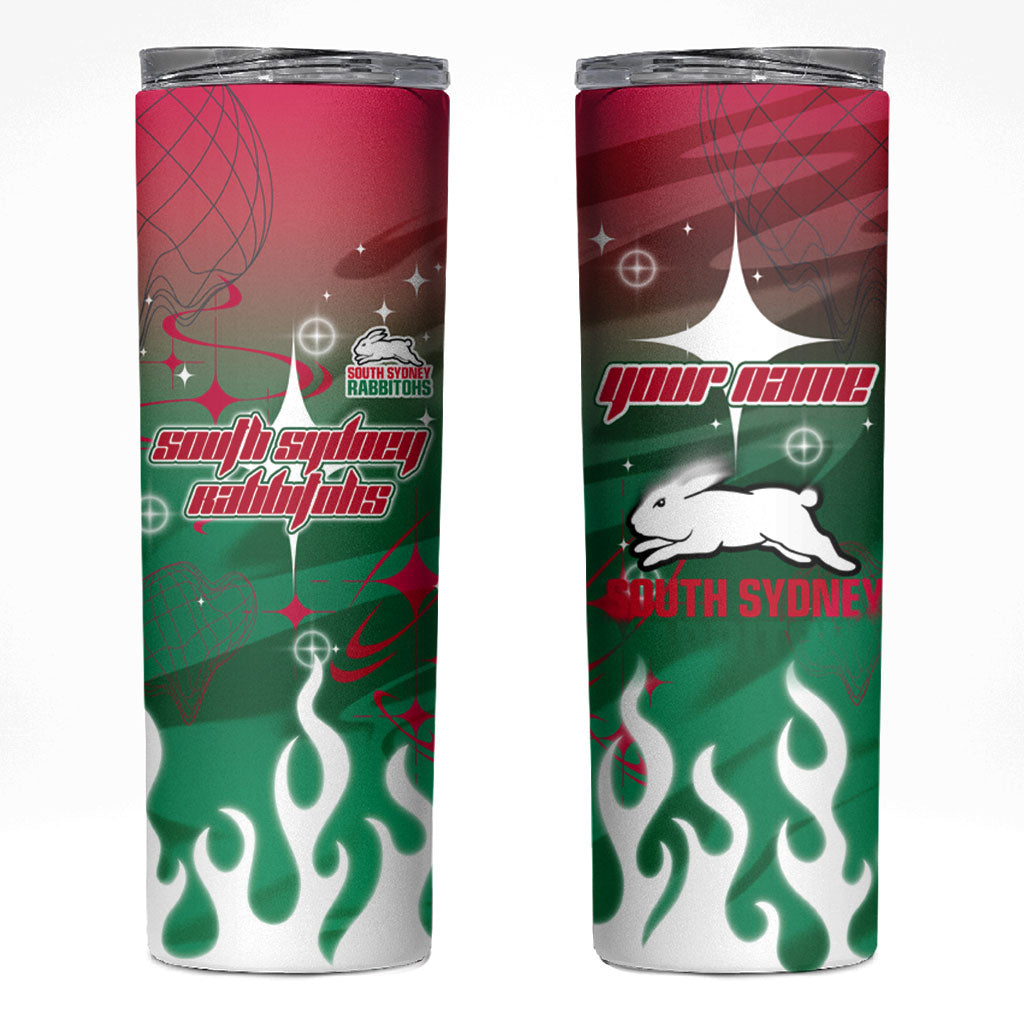 Personalized South Sydney Rabbitohs Skinny Tumbler Y2K Grunge Aesthetic With Cyber Flames and Starburst Graphics