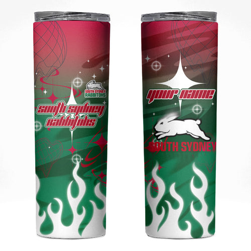 Personalized South Sydney Rabbitohs Skinny Tumbler Y2K Grunge Aesthetic With Cyber Flames and Starburst Graphics