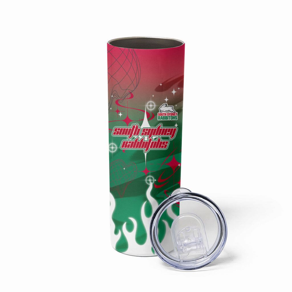 Personalized South Sydney Rabbitohs Skinny Tumbler Y2K Grunge Aesthetic With Cyber Flames and Starburst Graphics