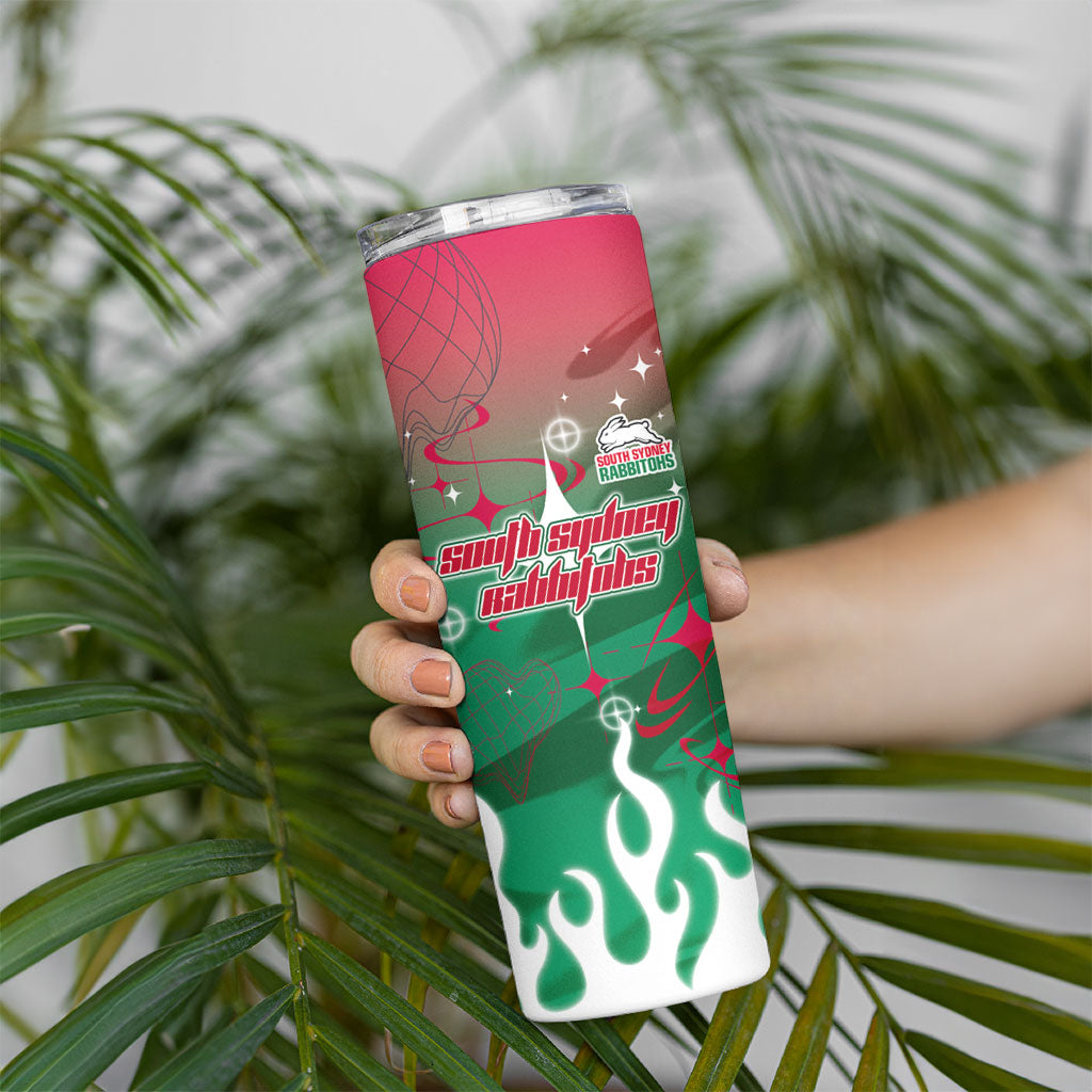 Personalized South Sydney Rabbitohs Skinny Tumbler Y2K Grunge Aesthetic With Cyber Flames and Starburst Graphics