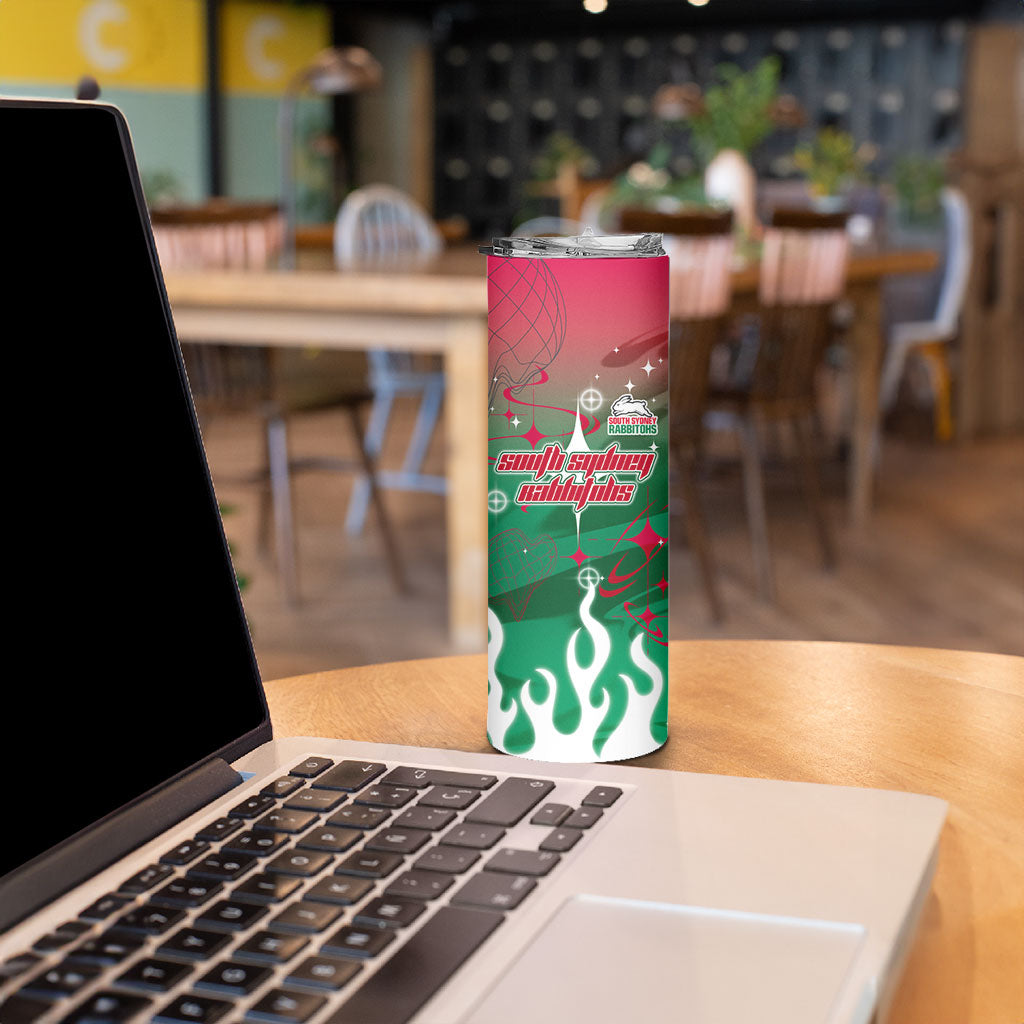 Personalized South Sydney Rabbitohs Skinny Tumbler Y2K Grunge Aesthetic With Cyber Flames and Starburst Graphics