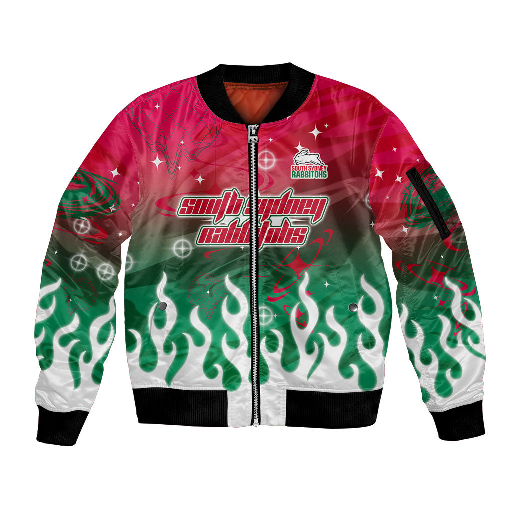 Personalized South Sydney Rabbitohs Sleeve Zip Bomber Jacket Y2K Grunge Aesthetic With Cyber Flames and Starburst Graphics