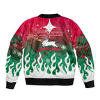 Personalized South Sydney Rabbitohs Sleeve Zip Bomber Jacket Y2K Grunge Aesthetic With Cyber Flames and Starburst Graphics