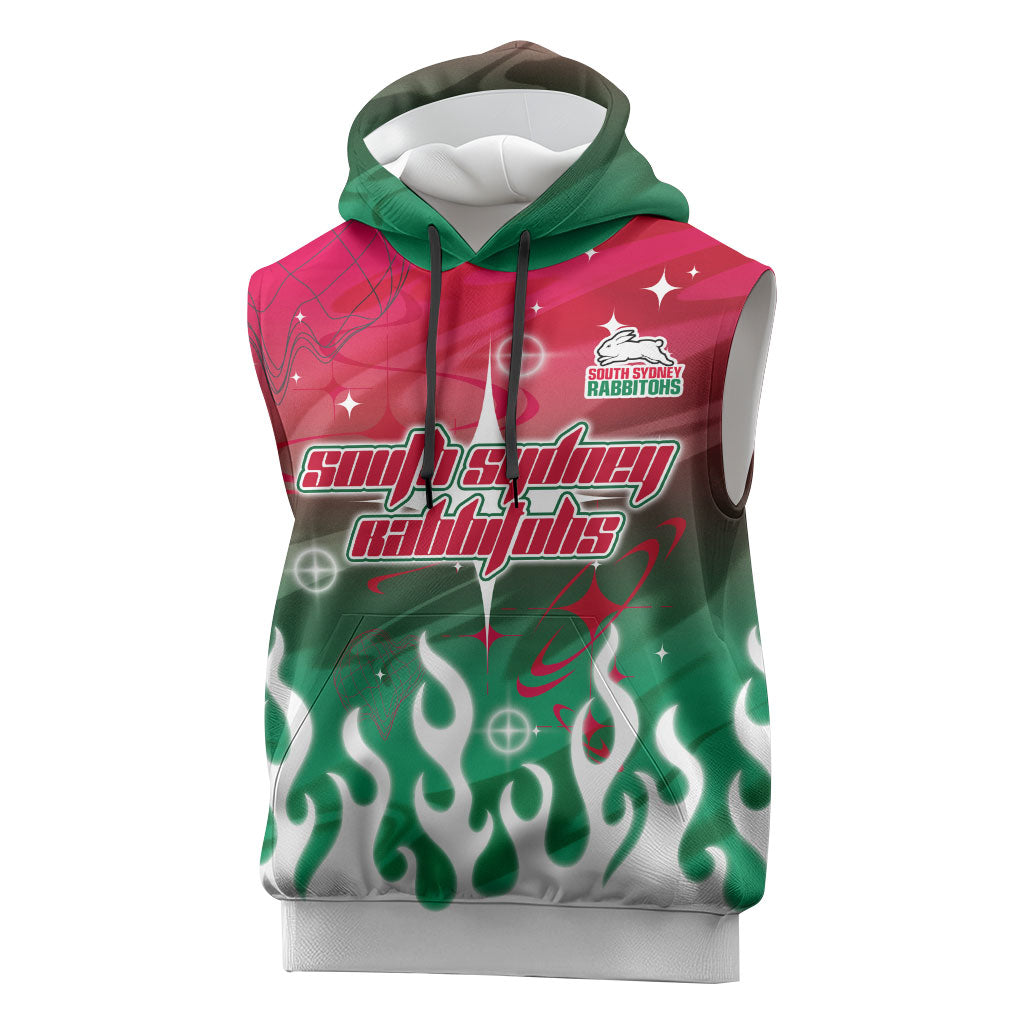 Personalized South Sydney Rabbitohs Sleeveless Hoodie Y2K Grunge Aesthetic With Cyber Flames and Starburst Graphics