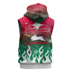 Personalized South Sydney Rabbitohs Sleeveless Hoodie Y2K Grunge Aesthetic With Cyber Flames and Starburst Graphics
