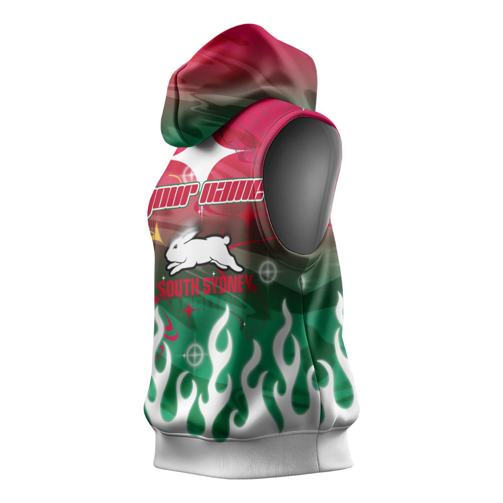 Personalized South Sydney Rabbitohs Sleeveless Hoodie Y2K Grunge Aesthetic With Cyber Flames and Starburst Graphics