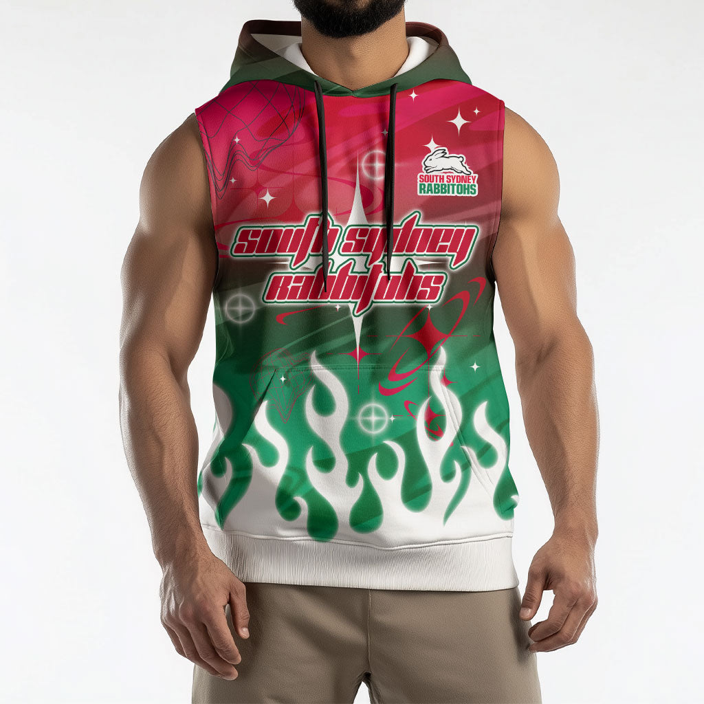 Personalized South Sydney Rabbitohs Sleeveless Hoodie Y2K Grunge Aesthetic With Cyber Flames and Starburst Graphics
