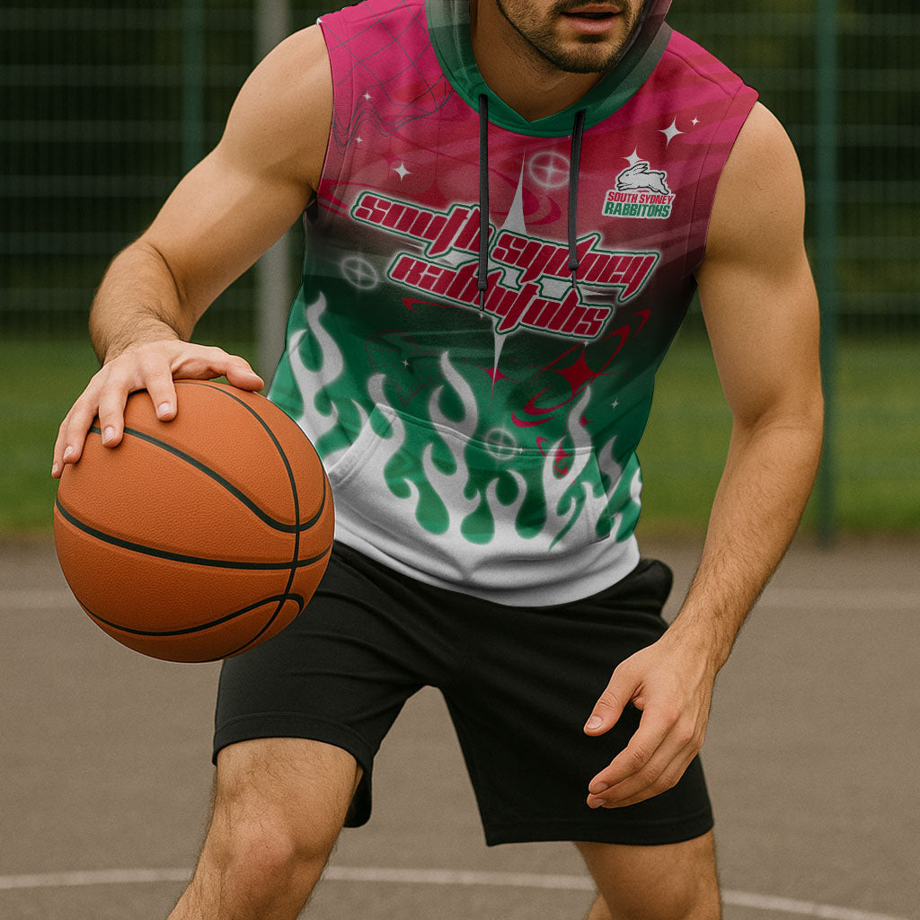 Personalized South Sydney Rabbitohs Sleeveless Hoodie Y2K Grunge Aesthetic With Cyber Flames and Starburst Graphics