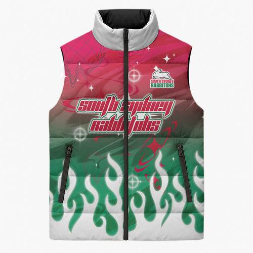 Personalized South Sydney Rabbitohs Sleeveless Puffer Jacket Y2K Grunge Aesthetic With Cyber Flames and Starburst Graphics