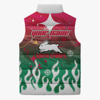 Personalized South Sydney Rabbitohs Sleeveless Puffer Jacket Y2K Grunge Aesthetic With Cyber Flames and Starburst Graphics