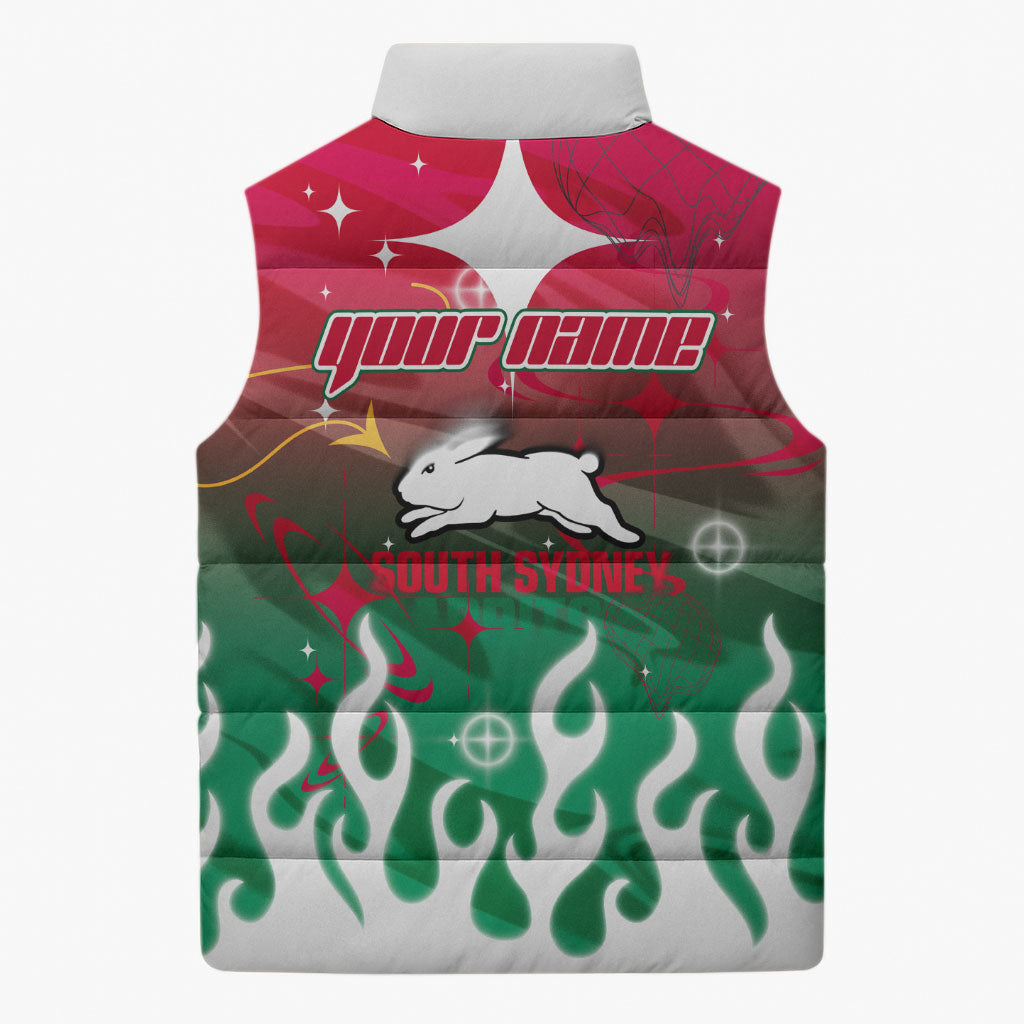 Personalized South Sydney Rabbitohs Sleeveless Puffer Jacket Y2K Grunge Aesthetic With Cyber Flames and Starburst Graphics