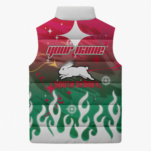 Personalized South Sydney Rabbitohs Sleeveless Puffer Jacket Y2K Grunge Aesthetic With Cyber Flames and Starburst Graphics