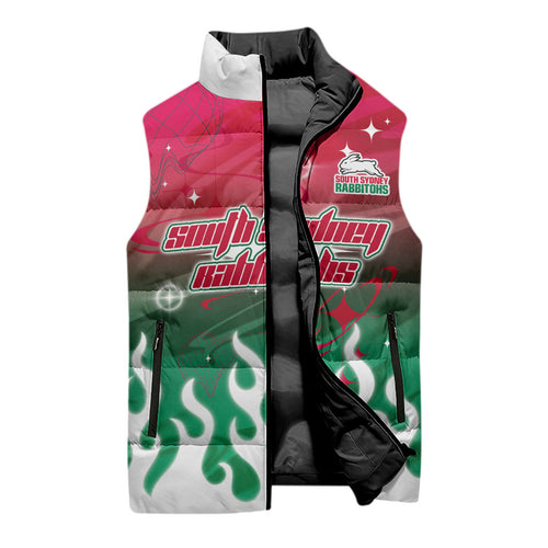 Personalized South Sydney Rabbitohs Sleeveless Puffer Jacket Y2K Grunge Aesthetic With Cyber Flames and Starburst Graphics