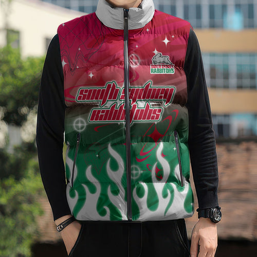 Personalized South Sydney Rabbitohs Sleeveless Puffer Jacket Y2K Grunge Aesthetic With Cyber Flames and Starburst Graphics
