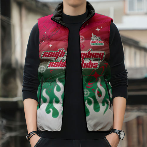 Personalized South Sydney Rabbitohs Sleeveless Puffer Jacket Y2K Grunge Aesthetic With Cyber Flames and Starburst Graphics