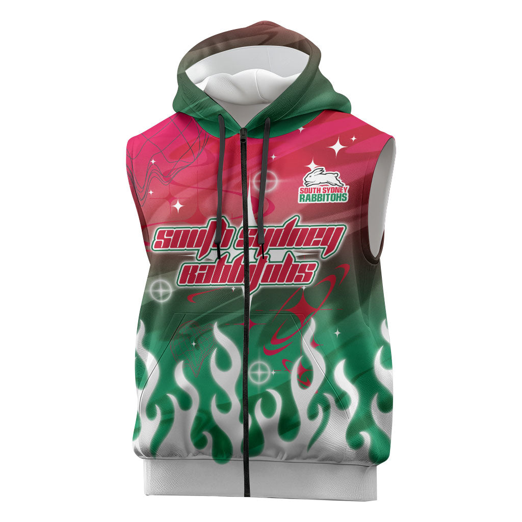 Personalized South Sydney Rabbitohs Sleeveless Zip Hoodie Y2K Grunge Aesthetic With Cyber Flames and Starburst Graphics