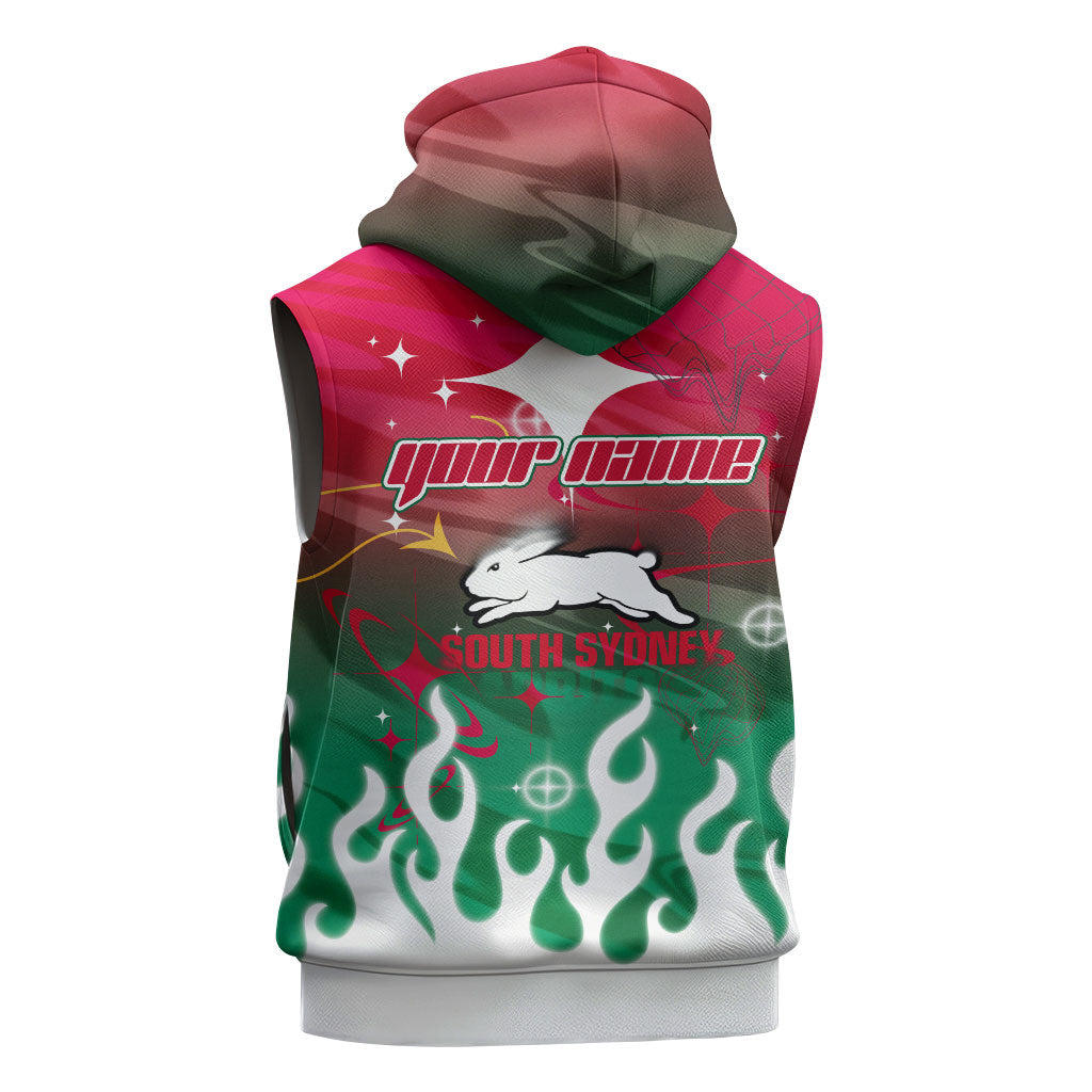 Personalized South Sydney Rabbitohs Sleeveless Zip Hoodie Y2K Grunge Aesthetic With Cyber Flames and Starburst Graphics