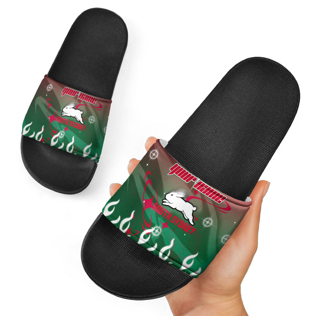 Personalized South Sydney Rabbitohs Slide Sandals Y2K Grunge Aesthetic With Cyber Flames and Starburst Graphics