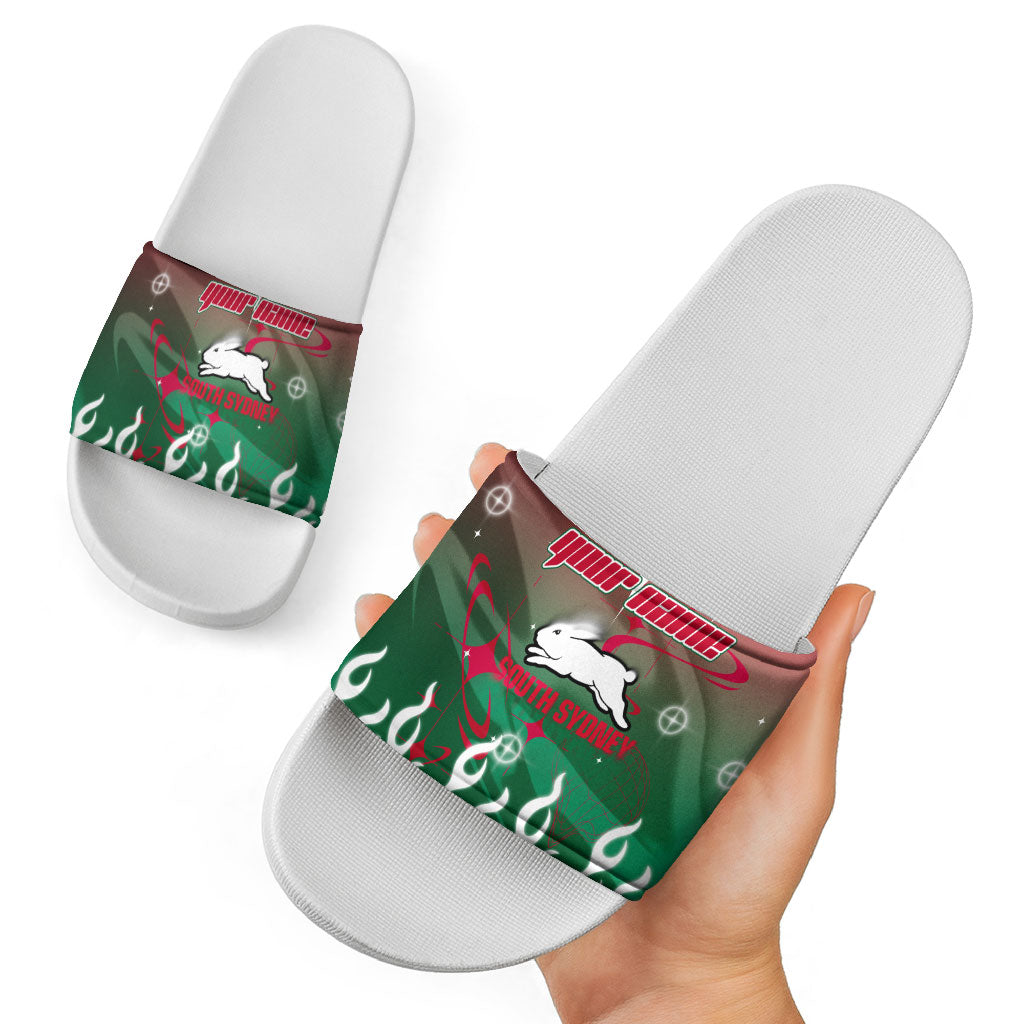 Personalized South Sydney Rabbitohs Slide Sandals Y2K Grunge Aesthetic With Cyber Flames and Starburst Graphics