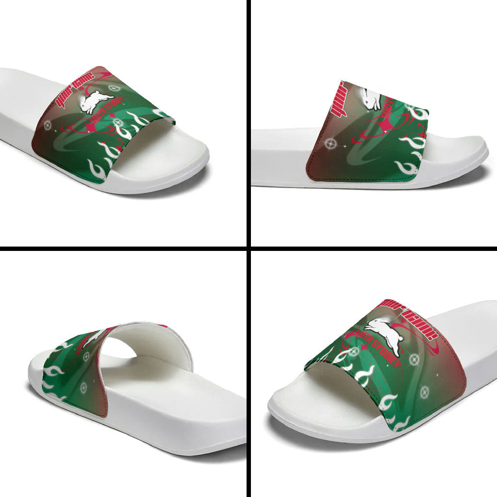 Personalized South Sydney Rabbitohs Slide Sandals Y2K Grunge Aesthetic With Cyber Flames and Starburst Graphics