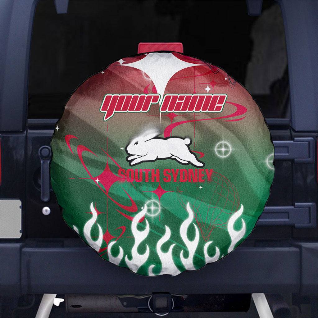 Personalized South Sydney Rabbitohs Spare Tire Cover Y2K Grunge Aesthetic With Cyber Flames and Starburst Graphics