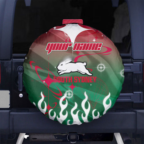 Personalized South Sydney Rabbitohs Spare Tire Cover Y2K Grunge Aesthetic With Cyber Flames and Starburst Graphics