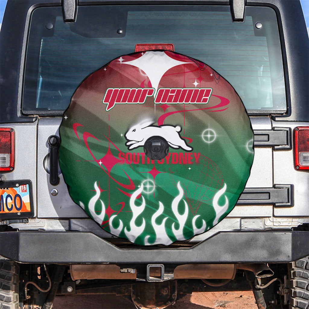 Personalized South Sydney Rabbitohs Spare Tire Cover Y2K Grunge Aesthetic With Cyber Flames and Starburst Graphics