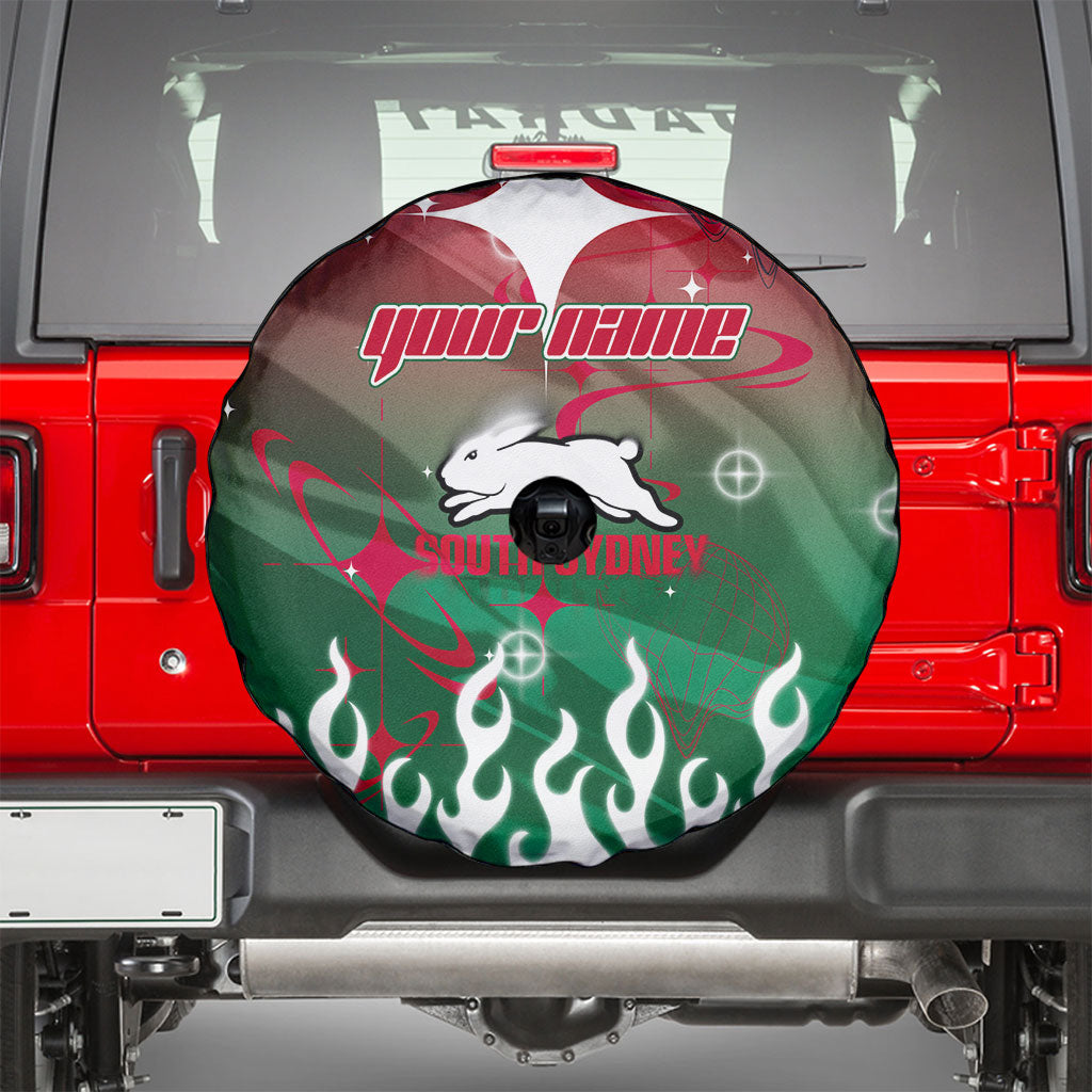 Personalized South Sydney Rabbitohs Spare Tire Cover Y2K Grunge Aesthetic With Cyber Flames and Starburst Graphics