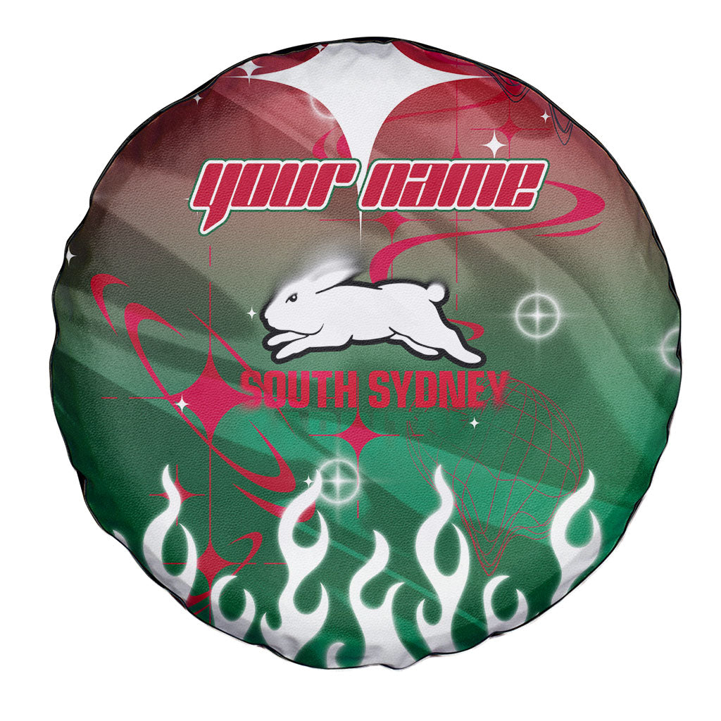 Personalized South Sydney Rabbitohs Spare Tire Cover Y2K Grunge Aesthetic With Cyber Flames and Starburst Graphics