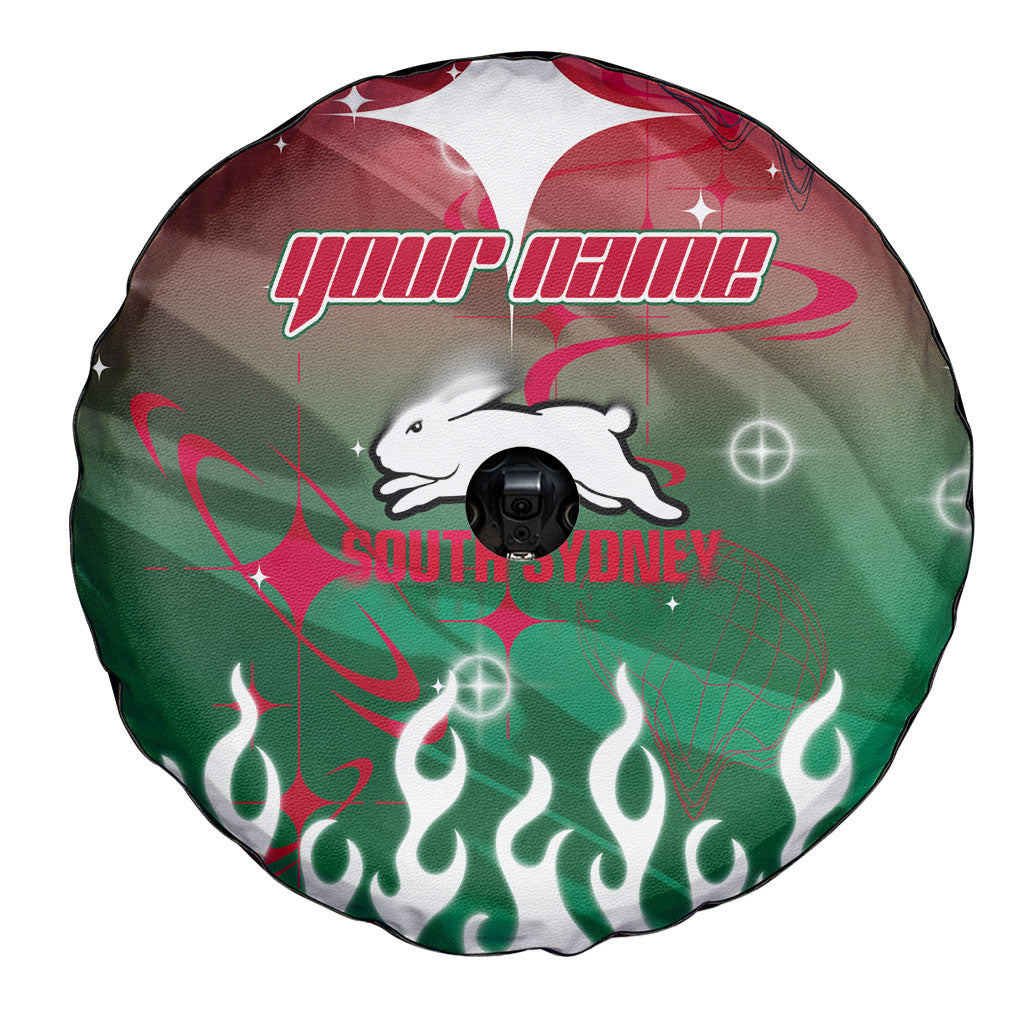 Personalized South Sydney Rabbitohs Spare Tire Cover Y2K Grunge Aesthetic With Cyber Flames and Starburst Graphics