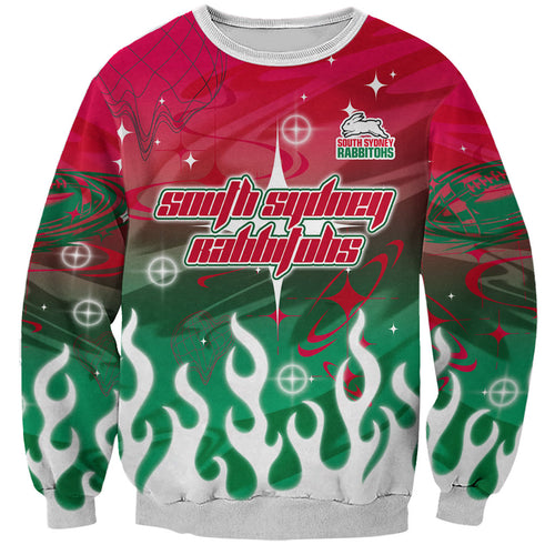 Personalized South Sydney Rabbitohs Sweatshirt Y2K Grunge Aesthetic With Cyber Flames and Starburst Graphics