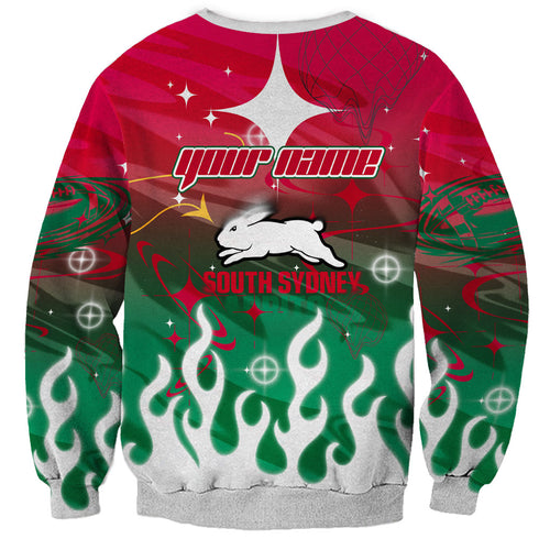 Personalized South Sydney Rabbitohs Sweatshirt Y2K Grunge Aesthetic With Cyber Flames and Starburst Graphics