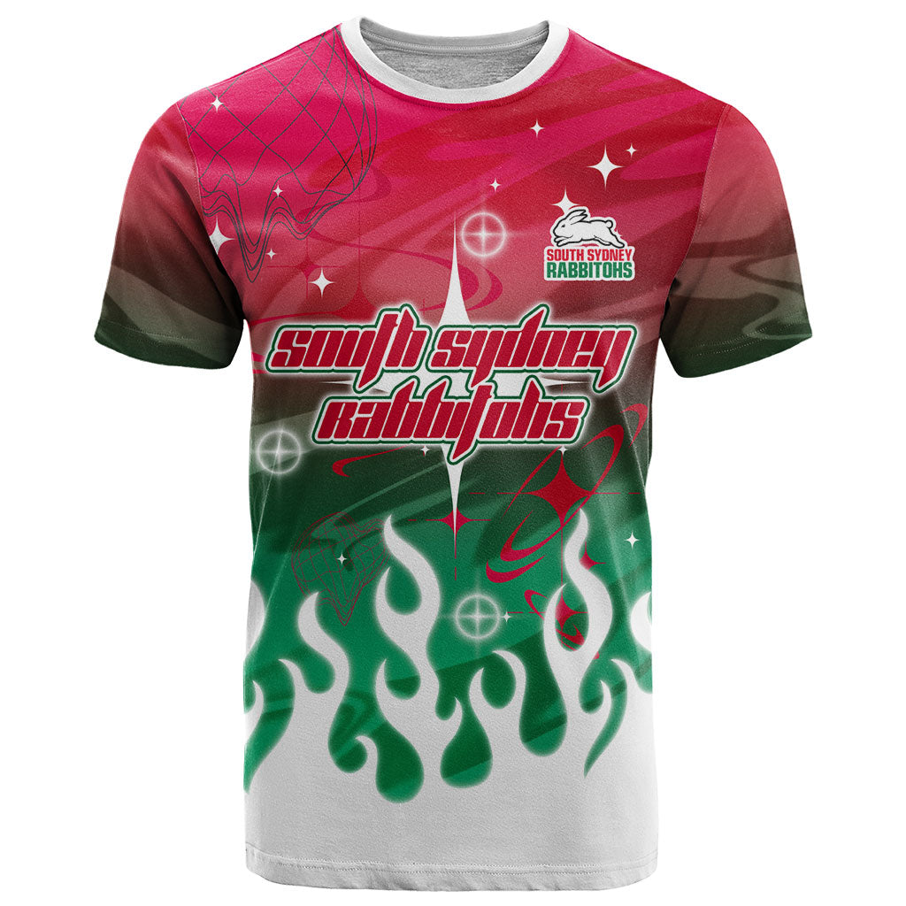 Personalized South Sydney Rabbitohs T Shirt Y2K Grunge Aesthetic With Cyber Flames and Starburst Graphics