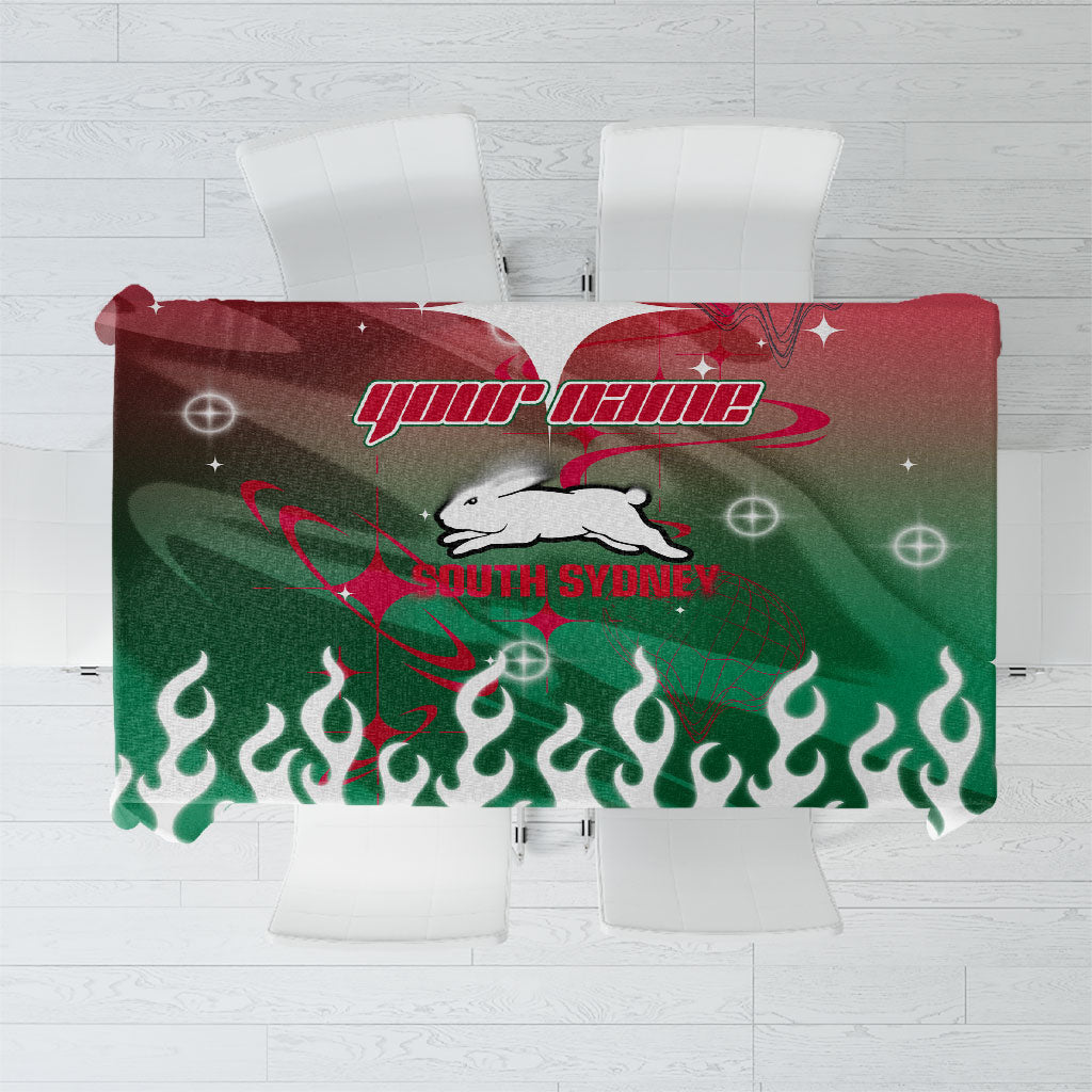 Personalized South Sydney Rabbitohs Tablecloth Y2K Grunge Aesthetic With Cyber Flames and Starburst Graphics
