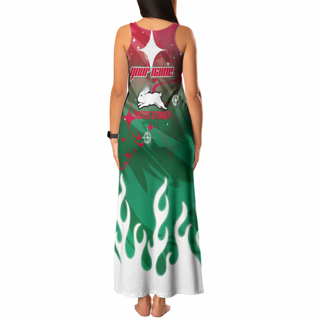 Personalized South Sydney Rabbitohs Tank Maxi Dress Y2K Grunge Aesthetic With Cyber Flames and Starburst Graphics