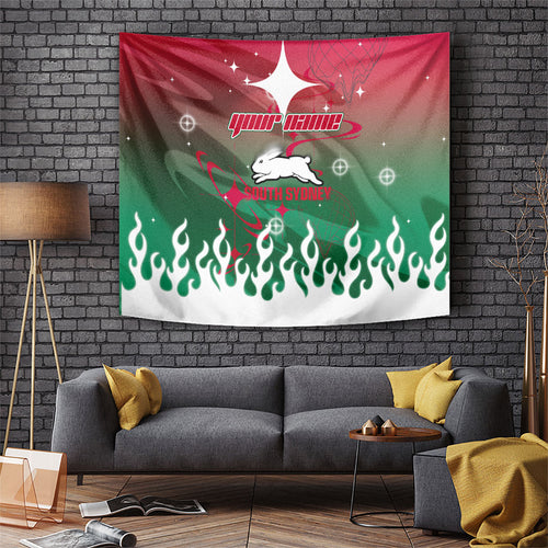 Personalized South Sydney Rabbitohs Tapestry Y2K Grunge Aesthetic With Cyber Flames and Starburst Graphics