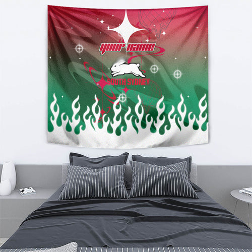 Personalized South Sydney Rabbitohs Tapestry Y2K Grunge Aesthetic With Cyber Flames and Starburst Graphics