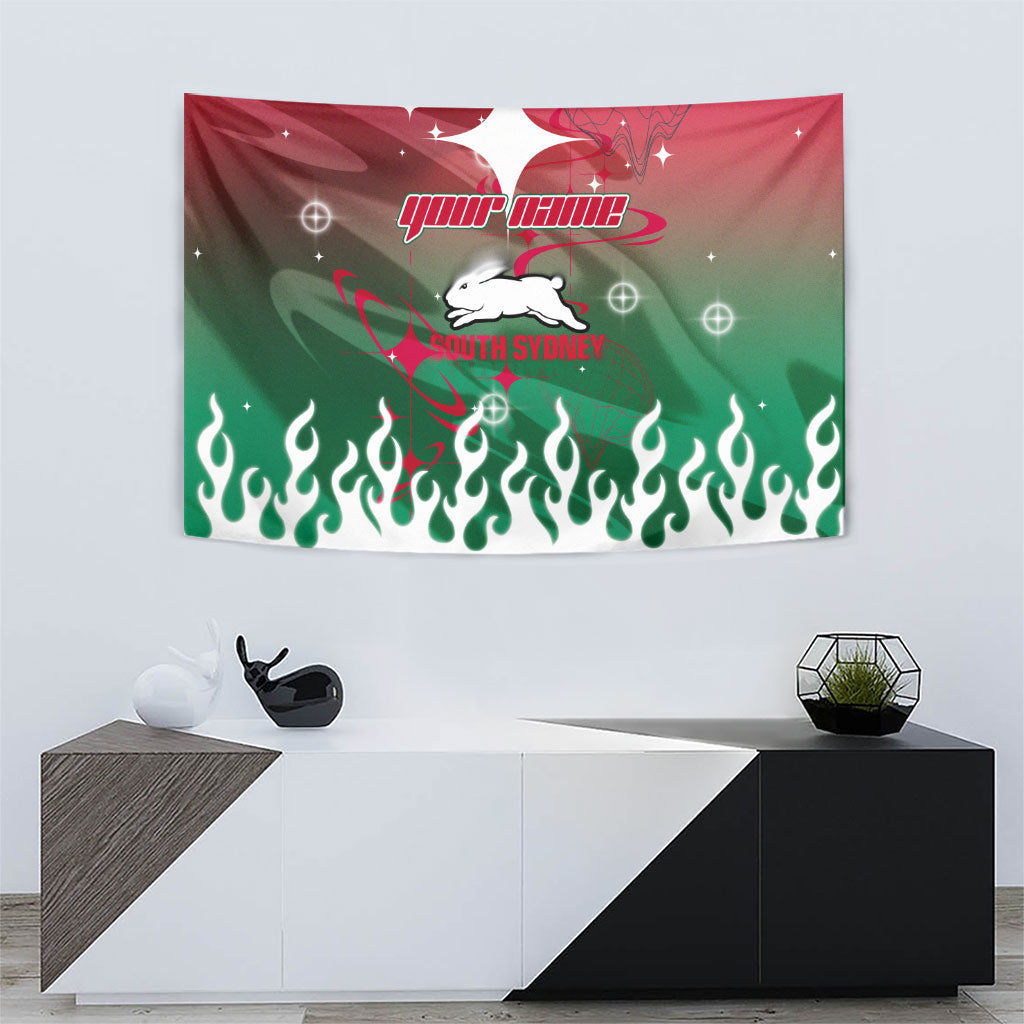 Personalized South Sydney Rabbitohs Tapestry Y2K Grunge Aesthetic With Cyber Flames and Starburst Graphics