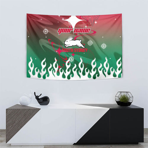 Personalized South Sydney Rabbitohs Tapestry Y2K Grunge Aesthetic With Cyber Flames and Starburst Graphics