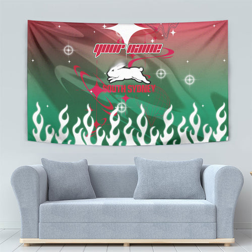 Personalized South Sydney Rabbitohs Tapestry Y2K Grunge Aesthetic With Cyber Flames and Starburst Graphics