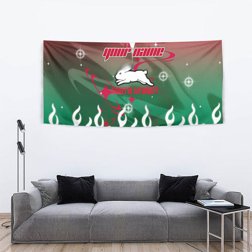 Personalized South Sydney Rabbitohs Tapestry Y2K Grunge Aesthetic With Cyber Flames and Starburst Graphics