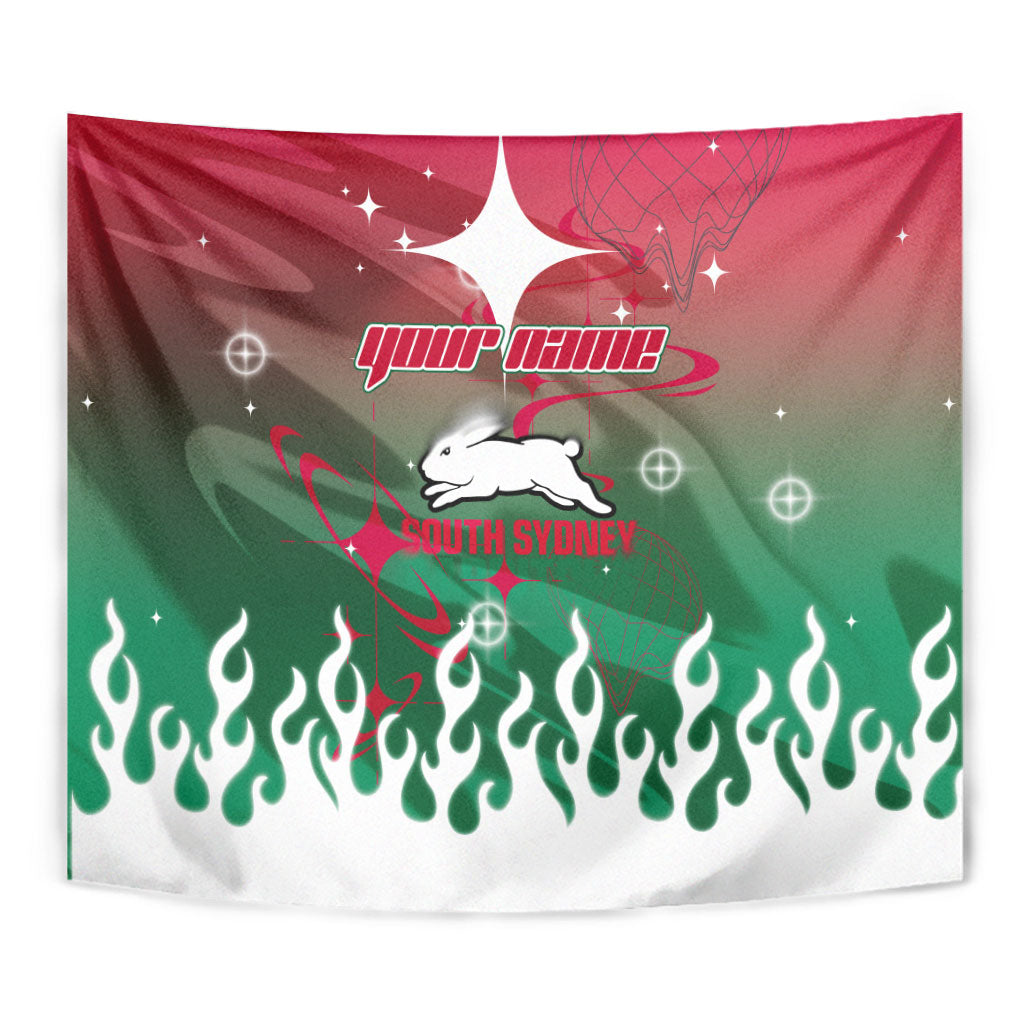 Personalized South Sydney Rabbitohs Tapestry Y2K Grunge Aesthetic With Cyber Flames and Starburst Graphics