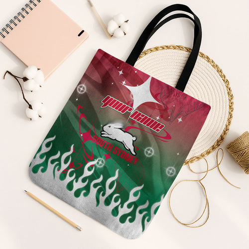 Personalized South Sydney Rabbitohs Tote Bag Y2K Grunge Aesthetic With Cyber Flames and Starburst Graphics