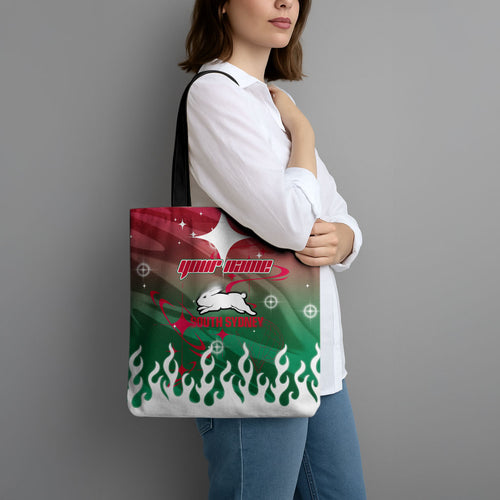 Personalized South Sydney Rabbitohs Tote Bag Y2K Grunge Aesthetic With Cyber Flames and Starburst Graphics