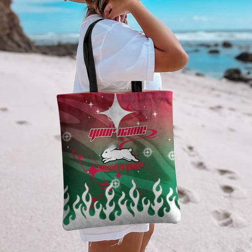 Personalized South Sydney Rabbitohs Tote Bag Y2K Grunge Aesthetic With Cyber Flames and Starburst Graphics